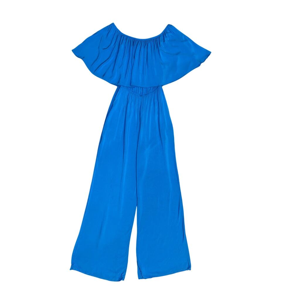 NWT Elan Royal Blue Off The Shoulder Ruffle Wide Leg Jumpsuit Rayon Size Medium